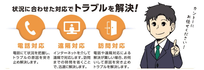 お客様からのお問い合せをKTSSコールセンターで受付後、当社技術専任スタッフがスピーディーに問題解決を行います。